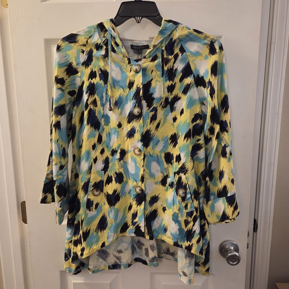 For Cynthia sz M colorful linen/viscose hoodie tunic top jacket NWT artsy casual